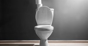 A white toilet against a dark background with shadows displayed on the wall